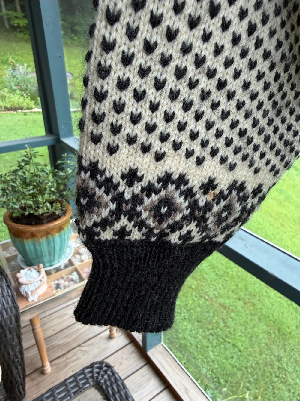 Black & Cream Norwegian Wool Cardigan with Red Accents - Picture 4 of 8